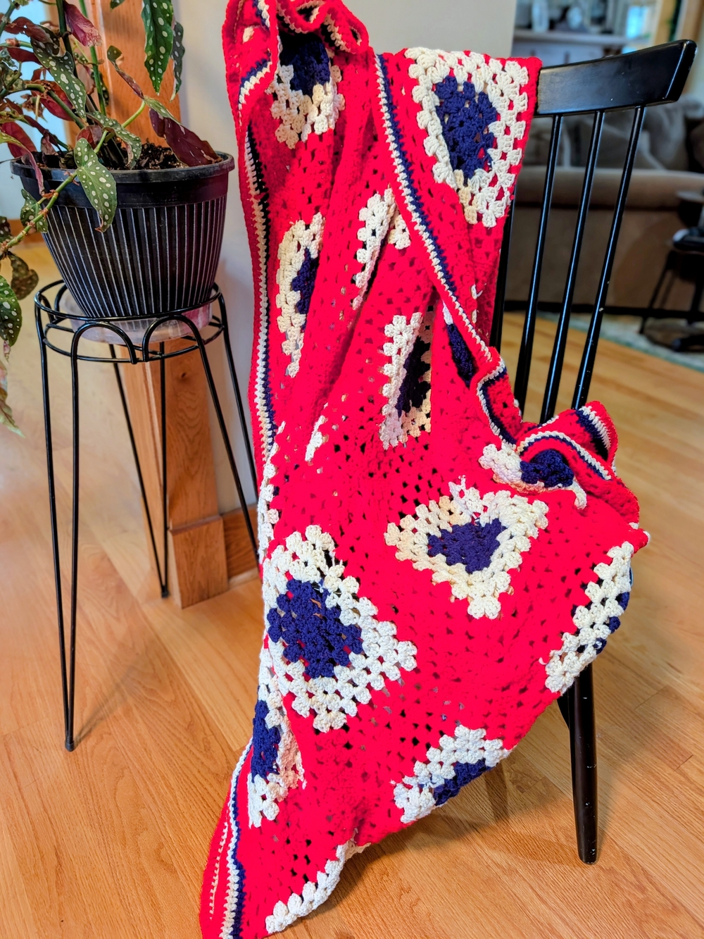Vintage Red, White & Blue Crochet Throw Blanket Granny Squares